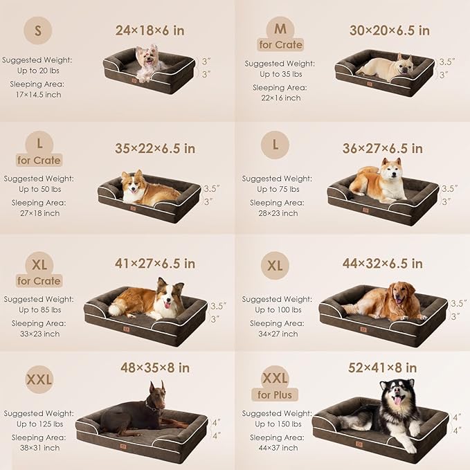EHEYCIGA Orthopedic Dog Beds for Extra Large Dogs, Waterproof Memory Foam XL Dog Bed with Sides, Non-Slip Bottom and Egg-Crate Foam Big Pet Couch Bed with Washable Removable Cover, Brown