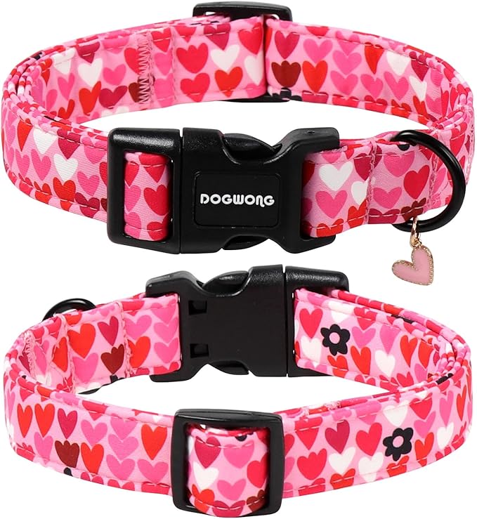 DOGWONG Valentine Dog Collar, Pink Heart Dog Collar, Girl Female Dog Collars with Strong Plastic Buckle for Small Dogs,XS