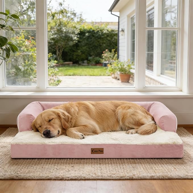 Orthopedic Dog Beds for Extra Large Dogs, Waterproof Egg Crate Foam XL Dog Bed with Sides 48x30Inch, Big Dogs Couch Beds with Removable Washable Cover and Nonskid Bottom, Pink
