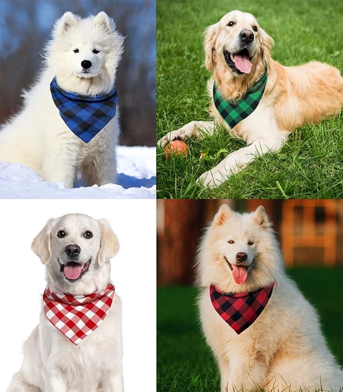 Christmas Plaid Dog Bandana with Button, Dual Layer Scarf Soft Cotton Triangle Bib Girls and Boys Kerchief Adjustable Accessories for Small Medium Large Extra Large Dog Puppy Pet Cat