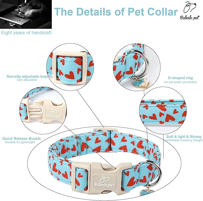 Valentines Dog Collar for Small Dogs - Cute Valentine Blue Dog Collars, Adjustable Puppy Red Hearts Collar with Quick Release Buckle for Boys&Girls Dogs S