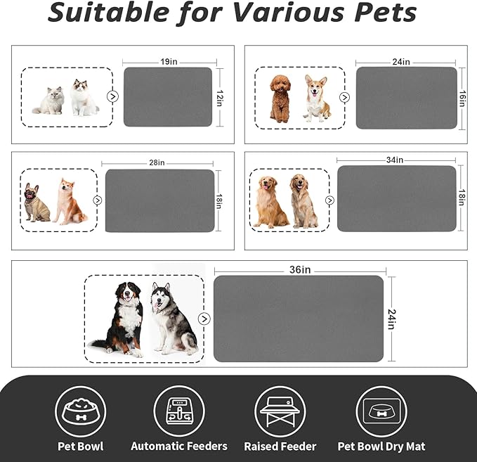 Dog Food Mat - Absorbent Cat Mat for Food and Water, No Stains Pet Feeding Bowl Mat, Easy to Clean Pet Placemats, Quick Dry Dog Water Dispenser Mat for Messy Drinkers | Dark Grey 16"x 24"