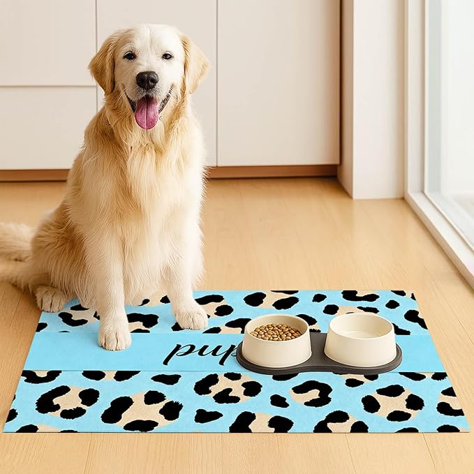 Puppy Feeding Mat 20x12 inch Blue Leopard Print Dog Bowl Placemat Non Slip Mat for Pet Food and Water Small Dog Feeding Area Indoor Puppy Food Station Pet Meal Mats for Kitchen Floor Use