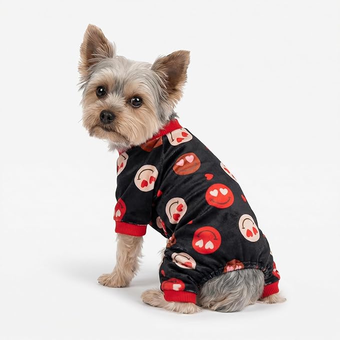 Fitwarm Hearts Eyes Smily Face Dog Pajamas, Cozy Valentines Outfit for Small Dogs Boy Girl, Festive Pet Clothes, Black, Red, Large