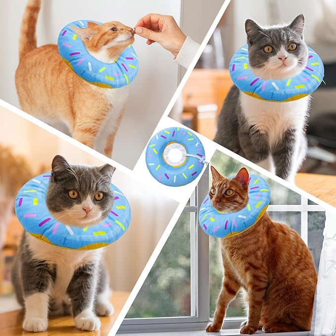 Cat Cone Soft Collar,Adjustable Cat Recovery Collars Kitten Cones to Stop Licking, Cute Donut Neck Collar After Surgery, Elizabethan Kittens Protective Cones After Spay (Donut Blue, Large)