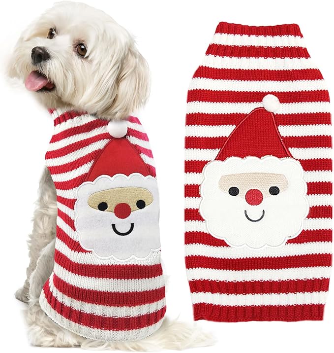Dog Christmas Sweater Xmas Pet Clothes Cute Striped Santa Claus Costume Holiday Puppy Cat Jumpers Outfits New Year Gifts for Small Medium Large Dogs (L, Red White Stripe Santa Claus)