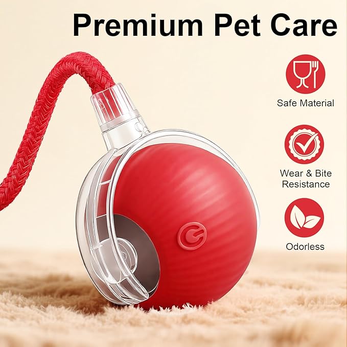 Interactive Electric Automatic Rolling Moving USB Rechargeable Self Activated Play Stimulation Toy Smart Chase Teaser Ball with Speedy Tail Rope for Bored Adult Indoor Cats and Dogs, Green