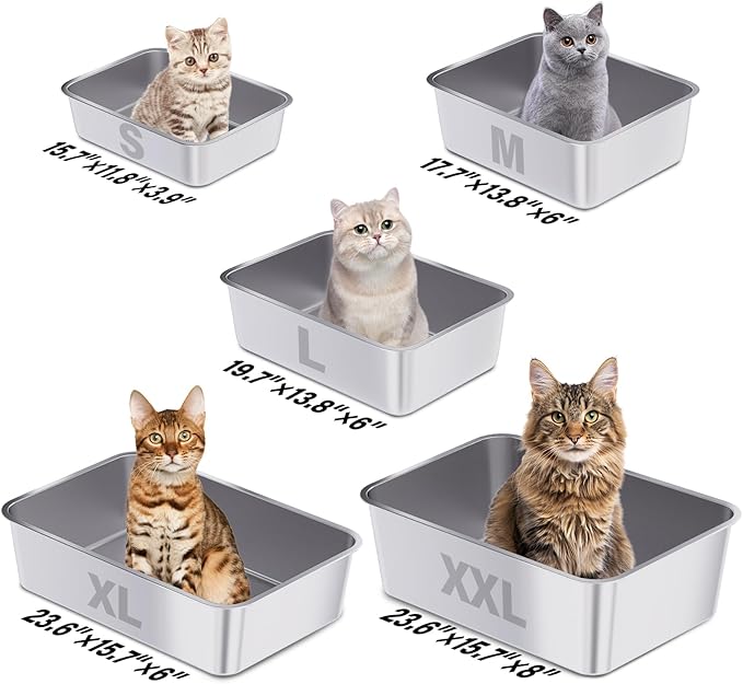 Stainless Steel Cat Litter Box, 23.6"x15.8"x8" XXL Stainless Steel Litter Box 8 inch Deep, Extra Large Metal Litterbox for Big Cats, Non Stick Surface, Easy to Clean, High Sided