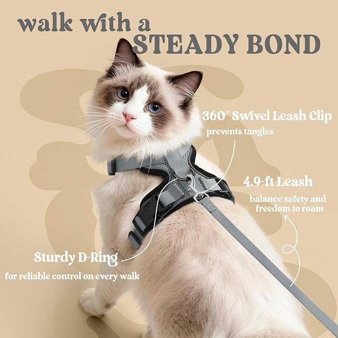 rabbitgoo Cat Harness and Leash for Walking, Escape Proof Soft Adjustable Vest Harnesses for Cats, Easy Control Breathable Reflective Strips Jacket, Grey, XS