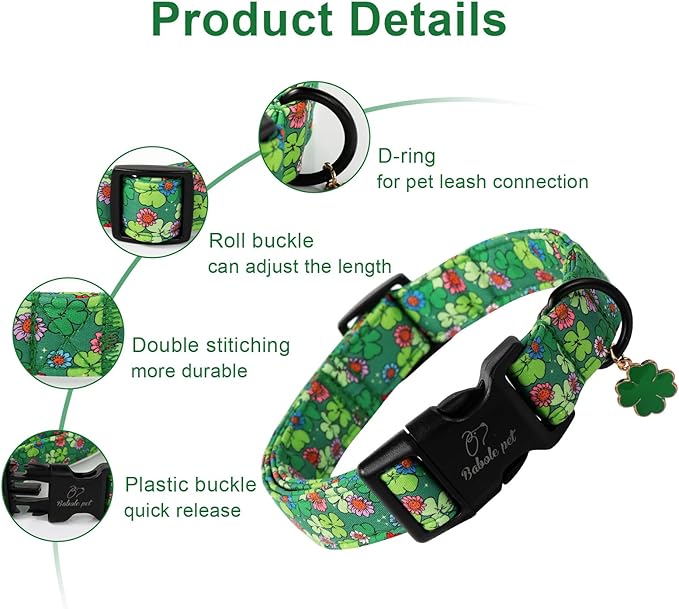 St Patricks Day Dog Collar for Small Dogs - Lucky Flower Shamrock Green Dog Collars, Cute Irish Clover Puppy Collar with Quick Release Buckle for Girls&Boys Dogs S
