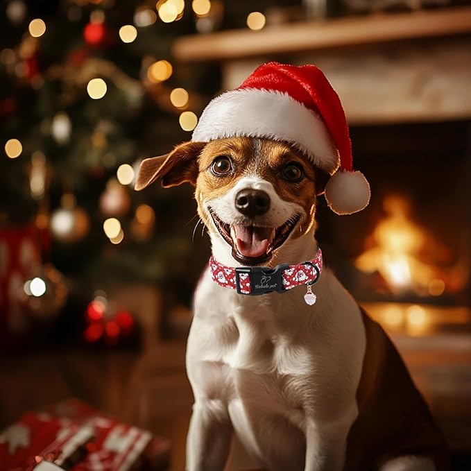Christmas Dog Collar - Cute Red Santa Christmas Puppy Collar with Safety Buckle, Soft Adjustable Holiday Dog Collars for Small Medium Large Dogs XL