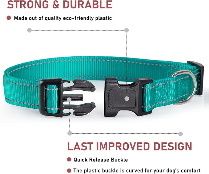 Reflective Dog Collar with Buckle Adjustable Safety Nylon Collars for Small Medium Large Dogs, Green L