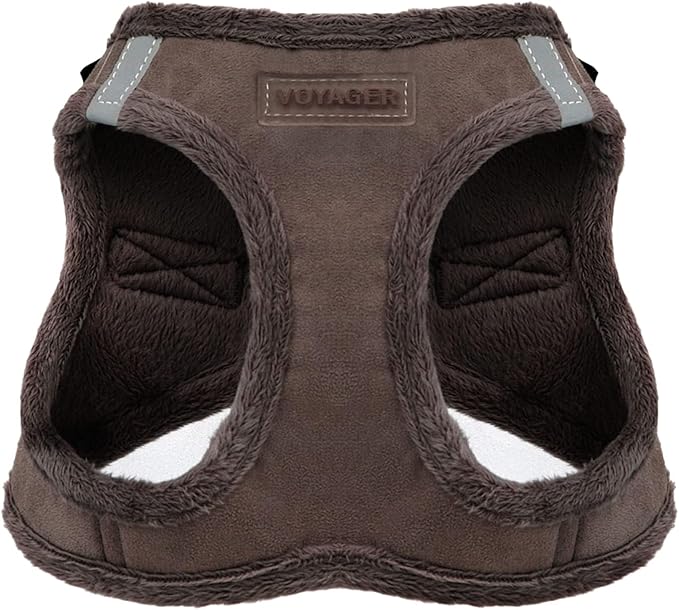 Best Pet Supplies - All Weather Plush, Reflective, No Pull Harness for Small, Medium Dogs, Cats - Secure with Hook & Loop Fastener, Buckle, Double D-Rings - Chocolate Suede, L