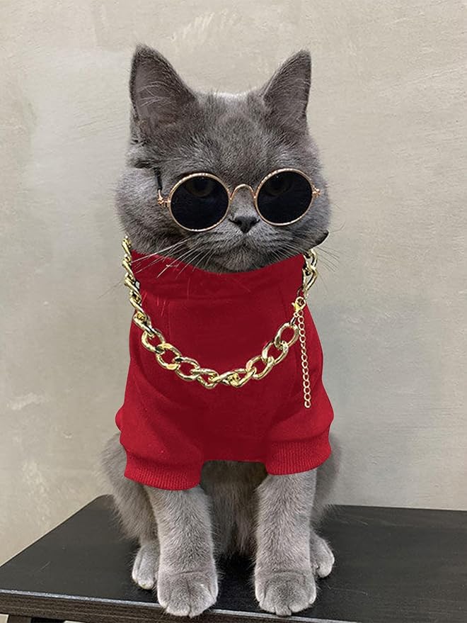 QWINEE 3Pcs Dog Hoodie Cat Apparel Dog Custume Set with Necklace and Sunglasses Pet Clothes for Puppy Small Medium Dogs Cats Red M