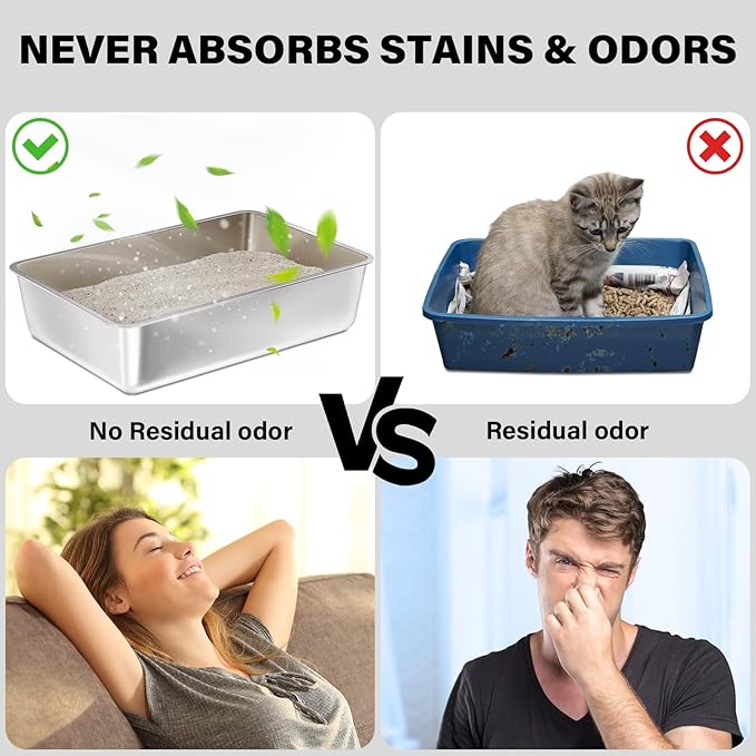 Stainless Steel Litter Box 2 Pack, 23.6“x15.7"x6" Deep Stainless Steel Cat Litter Box Extra Large, XL Metal Litterbox for Big Cats with High Sides, Non Stick Surface, Easy to Clean