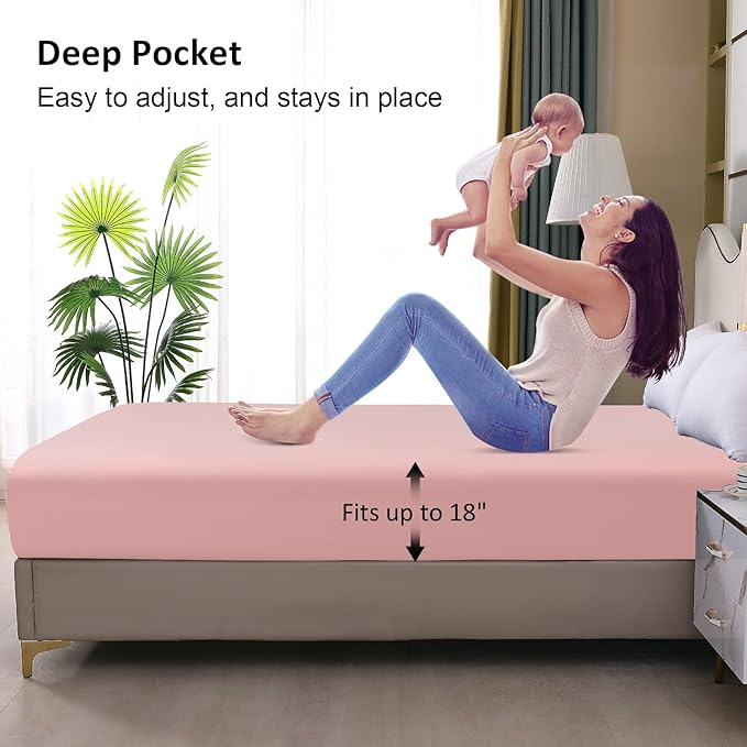 Twin Mattress Protector Waterproof, Fitted Sheet Style Breathable Mattress Cover with Deep Pocket Fits Up to 18'', Noiseless Bed Cover for Kids Adults Pets, Machine Washable (Pink, 39'' X 75'')
