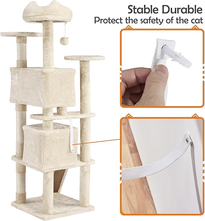 Yaheetech 62in Cat Tree Cat Tower for Indoor Cats, Cat Furniture w/Double Condo, Scratching Posts, Multiple Platforms and Balls for Kittens & Cats, Beige