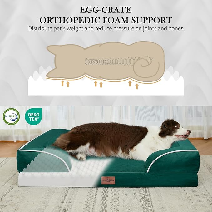 Comfort Expression Orthopedic Dog Bed for Medium Dogs 28x19 Inch, Waterproof Supportive Egg Crate Foam Medium Pet Bed with Removable Bolsters, Dog Couch with Washable Cover & Non-Slip Bottom, Emerald