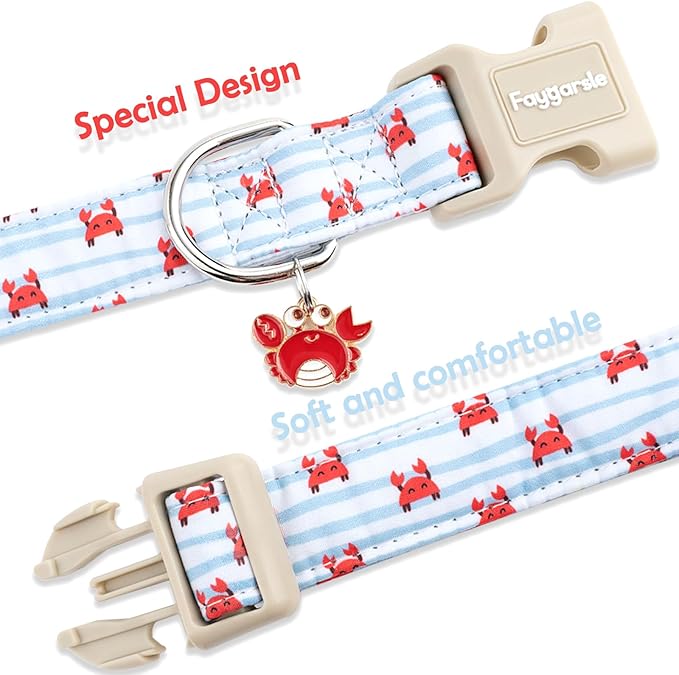 Faygarsle Cute Crab Pattern Dog Collar, Cotton Fabric, Light Blue Stripes, for Small Medium Large Dogs S