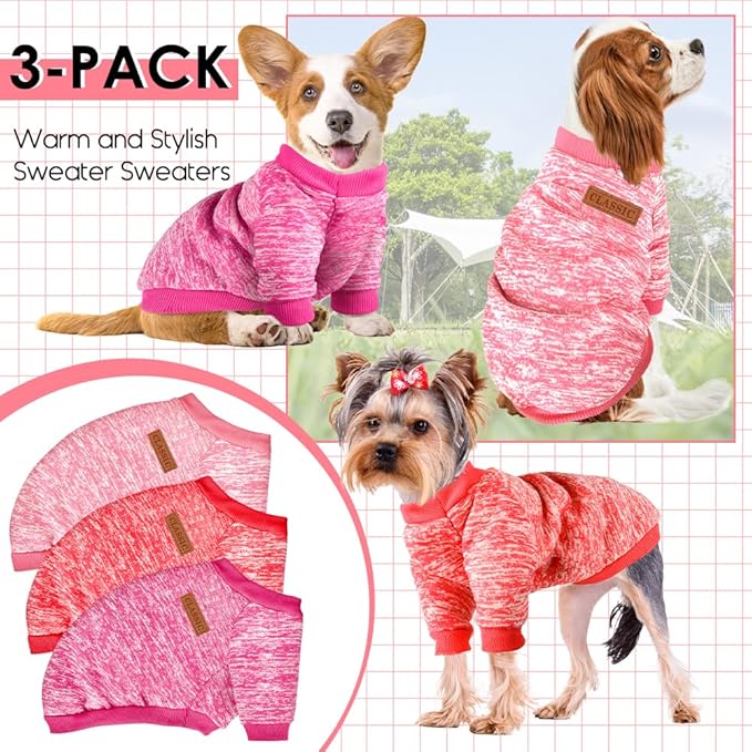 3 Pack Dog Sweaters for Small Dogs Girl Boy Winter Fleece Clothes Warm Soft Dog Sweatshirt Outfit for Dogs Cats Pet Apparel (Rose+Red+Pink, XX-Small)