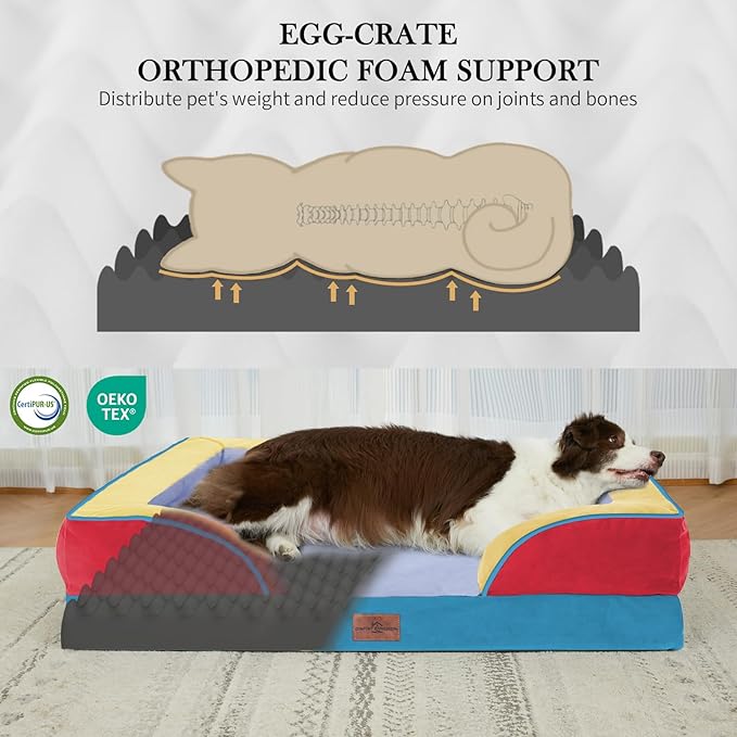 Comfort Expression Orthopedic Dog Bed for Large Dogs 36x27 Inch, Waterproof Egg Crate Foam Large Pet Bed with Removable Bolsters, Dog Couch with Washable Cover & Non-Slip Bottom, Funfetti Fiesta