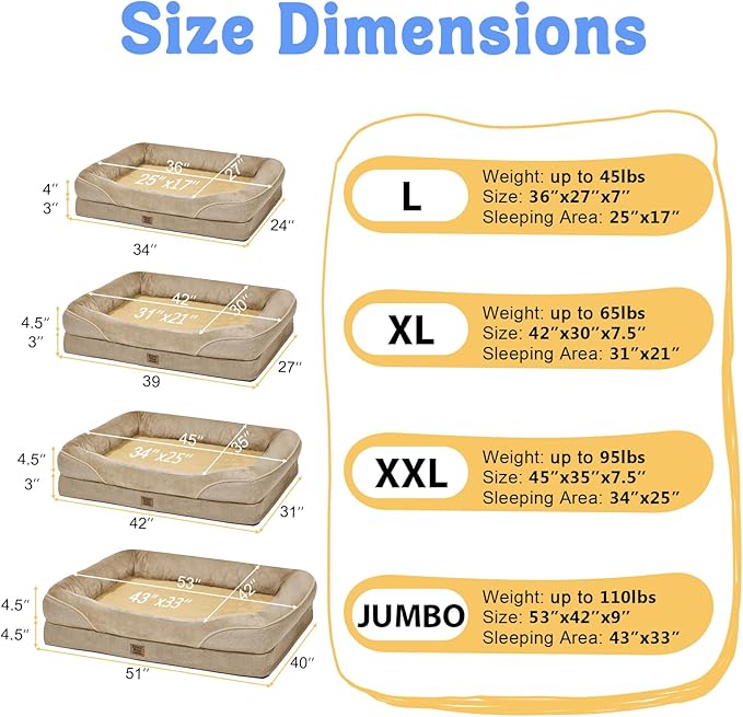 Dog Bed for Medium Large Size Dogs - Memory Foam Soft Pet Couch Sofa with Removable Cover Waterproof Bolster