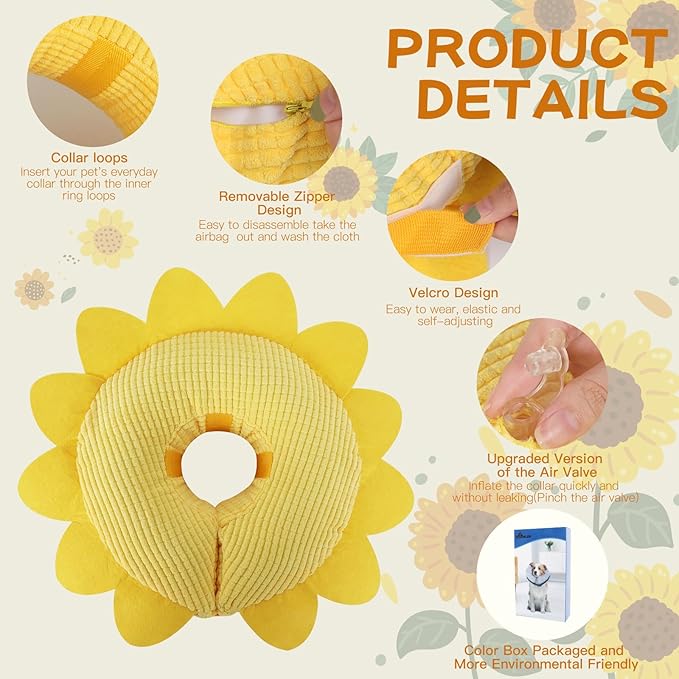 IEUUMLER Inflatable Recovery Dog Collar, Protective Donut Cone, Adjustable Soft Collar for Dog and Cat After Surgery Prevent from Biting & Scratching EU002 - Sunflower L