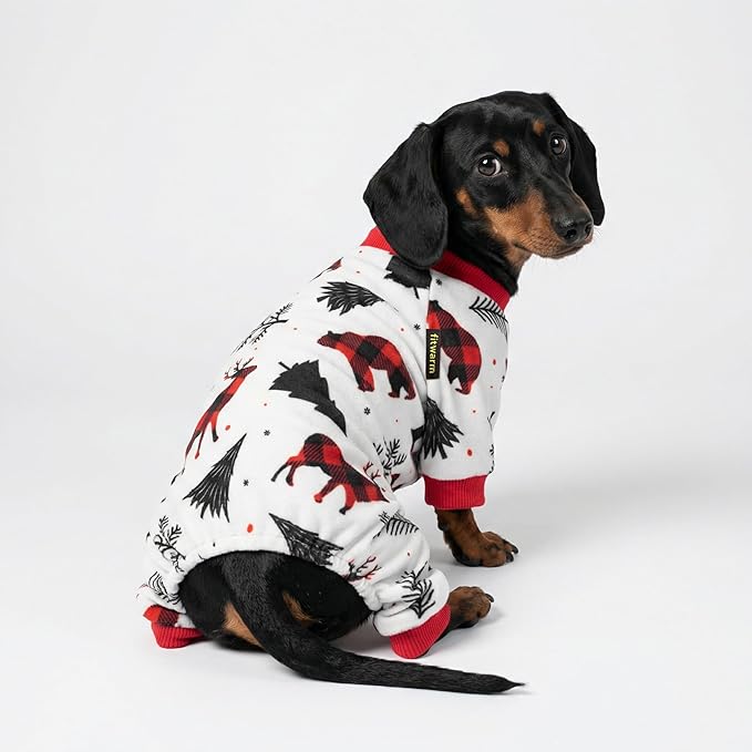 Fitwarm Reindeer Dog Christmas Pajamas, Winter Doggy Clothes for Small Dogs Boy Girl, Fleece Dog Onesie with Feet, Holiday Pet Outfit, Black, White, Red, Large