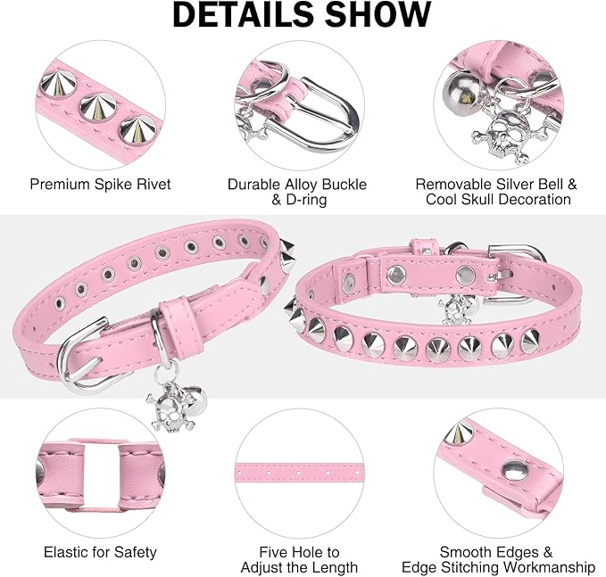 Leather Cat Collars for Boy Girl Cats with Bell and Safety Elastic Belt, Personalized Rivets Stud Adjustable Safe Buckle Collar with Skull Charm for Kitty Small Pets, Halloween Cat Collar