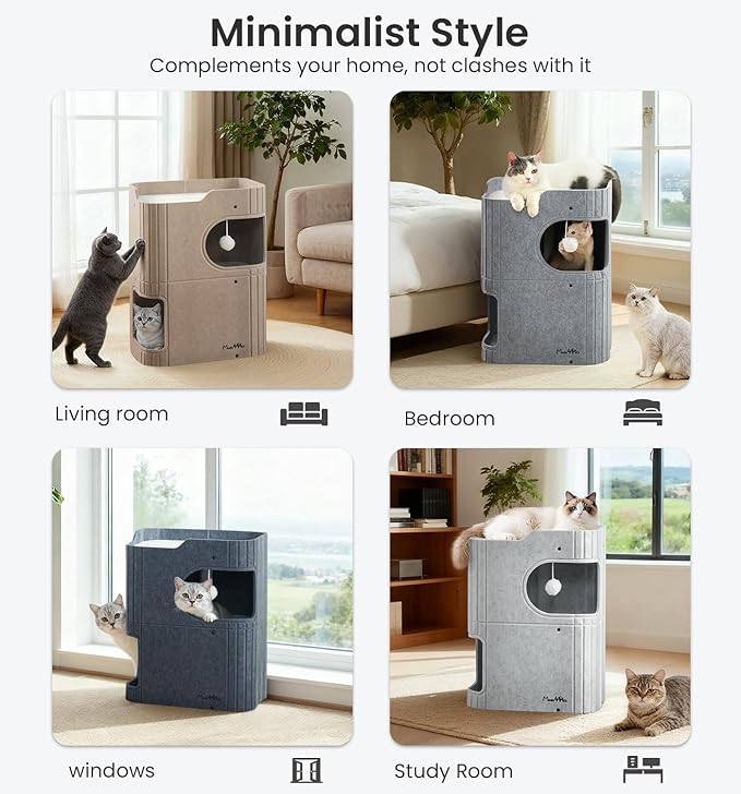 Made4Pets Cat House for Indoor Use, 2-Storey Cube Bed Cave, Covered Hideaway Condo with Scratch-Resistant Felt, Foldable Easy-to-Clean Design for Multi-Cat Homes, Dark Grey