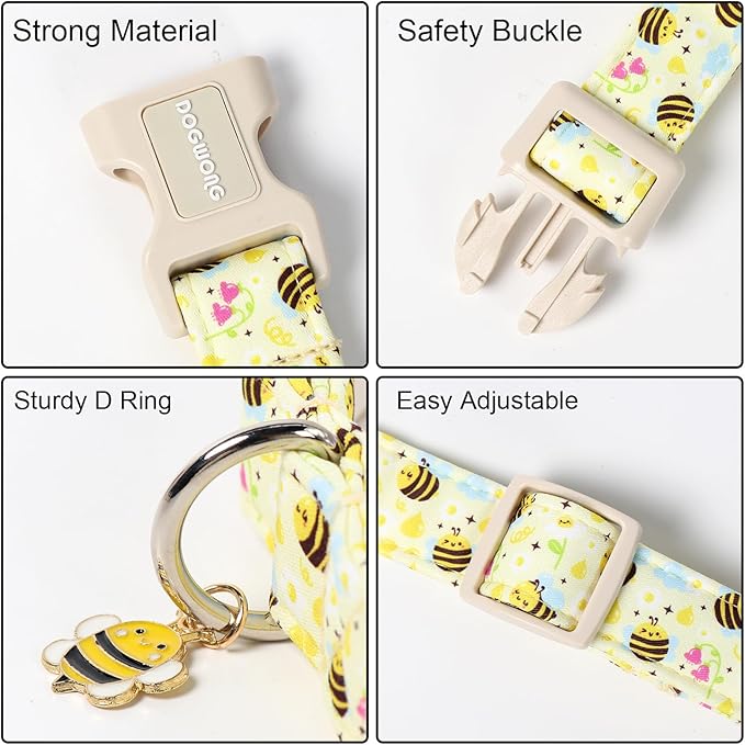 DOGWONG Spring Summer Dog Collar- Bee Flower Dog Collar, Adjustable Soft Girl Boy Dog Collar for Small Medium Large Dogs, L