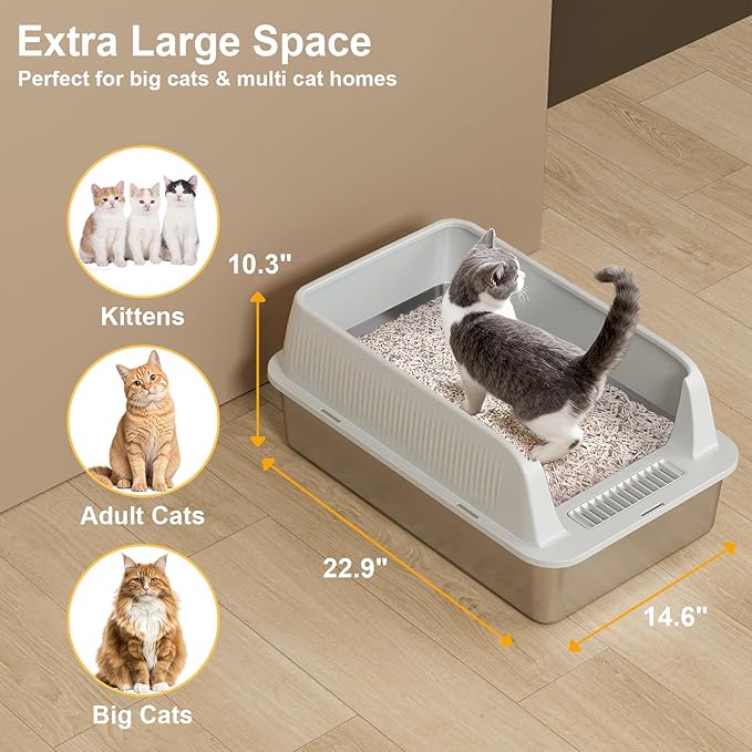 TENTIZON 2 Pack Large Stainless Steel Cat Litter Boxes, Open Top Metal Kitty Litter Tray with High Sides, Litter Mat, Scoop for Indoor Cats, Kitten,Big Cats, No Odor, No Mess, Leak Proof, Easy Clean