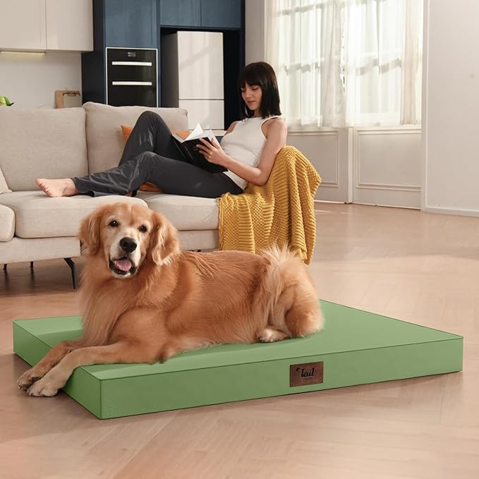 Outdoor Dog Bed for Small Dogs & Cats, Waterproof Dog Crate Mat Orthopedic Egg Crate Foam with Washable Removable Oxford Cover, Light Green