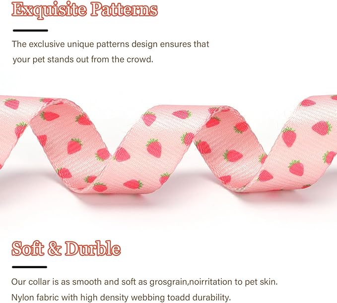 Pink Strawberry Pattern Dog Collar with Buckle Adjustable Safety Nylon Collars for Small Medium Large Dogs, Cute Stylish Girl Boy Christmas Dog Collar(Pink Strawberry,S)
