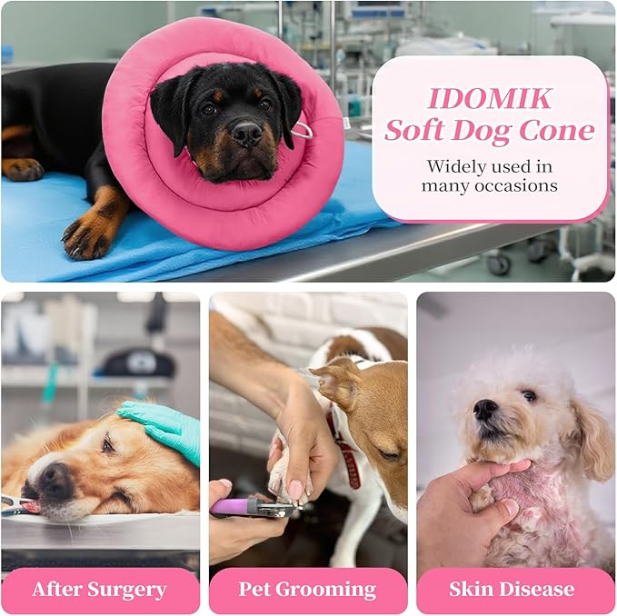 IDOMIK Dog Recovery Collar, Waterproof Soft Dog Cone After Surgery, Comfy Protective Elizabethan Collar Alternative for Dogs Cats, Adjustable Pet Neck Donut Cone Anti-Licking Biting Wounds,Rose,XL