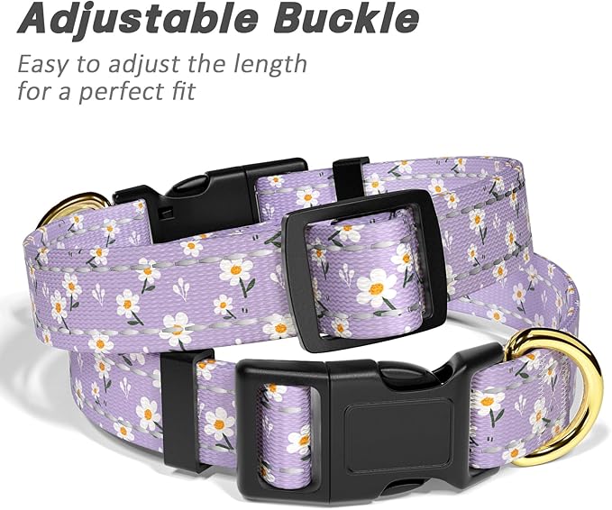 Reflective Dog Collar for Large Dogs, Cute Flower Theme Adjustable Heavy-Duty Nylon Puppy Collar for Boy and Girl Female, Soft Pet Accessories with Quick Release Buckle, Purple White