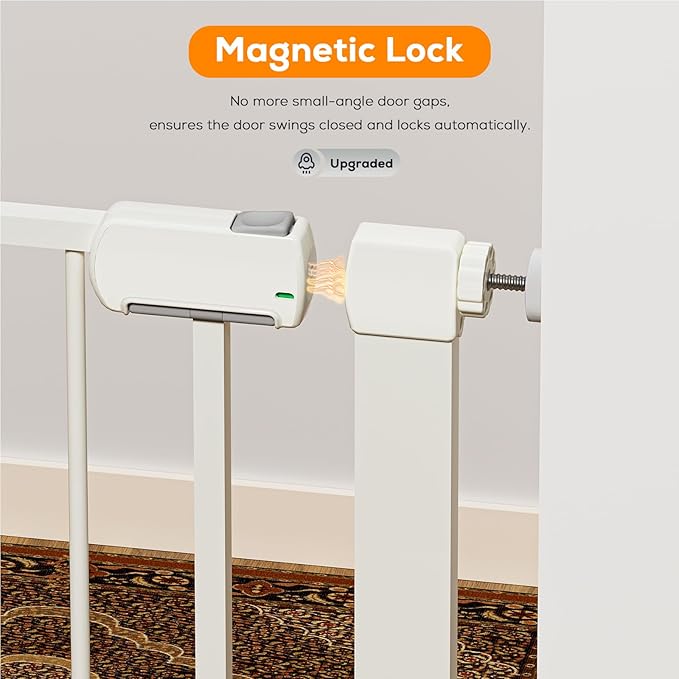 29.5-59.8" Magnetic Baby Gate for Stairs, Baby Safety Essentials, Auto Close Gate for Doorways, Easy Install Pressure Mounted Dog Gate Indoor, Pet Gates for Dogs, White