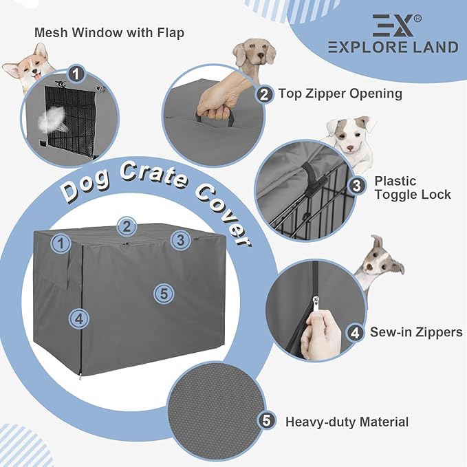 Explore Land Dog Crate Cover Heavy Duty Polyester Pet Kennel Sunshade Universal Fit for 30 inches Wire Cage (Grey)