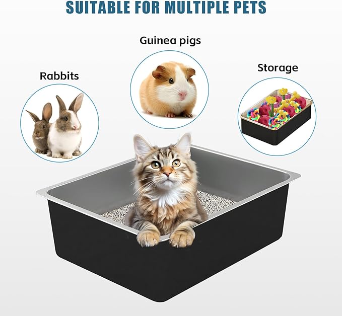 Stainless Steel Cat Litter Box - XL Metal High Sided Cat Pan Tray, Easy to Clean Non Stick Odorless Large Pet Toilet Supplies for Big Cats Kitty Kitten, 23.6 x15.75 x6 Inch, Black