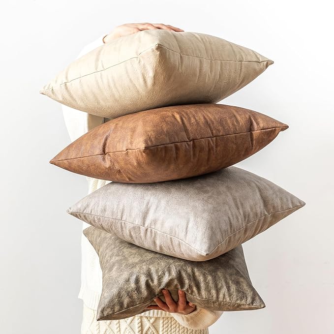 Pack of 2 Oversized Leather Pillow Cover Neutral Decorative, Grey Modern Boho Abrasion Floor Cushion Covers, for Home Decor Outdoor Waterproof Pet Hair Resistant Throw Pillow Covers 28x28 inch