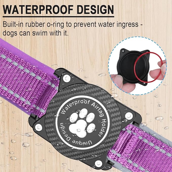 Airtag Dog Collar with Waterproof Air Tag Holder, Luminous Reflective, Soft Padded, Adjustable Nylon Pet Collar for Small Medium Large Heavy Duty Dogs,Purple, M