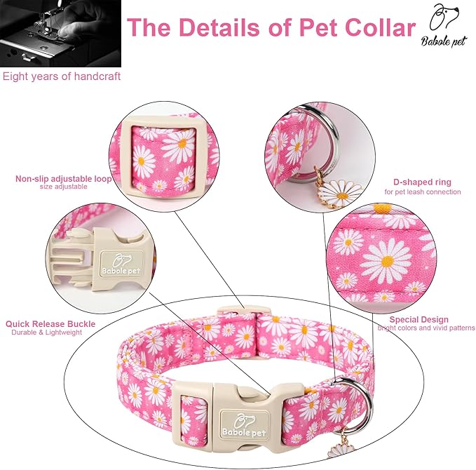 Summer Daisy Dog Collar, Cute Floral Adjustable Pink Dog Collars for Giant Large Dogs, Lightweight Quick-Release Buckle Collar for Boy&Girl Dogs XL