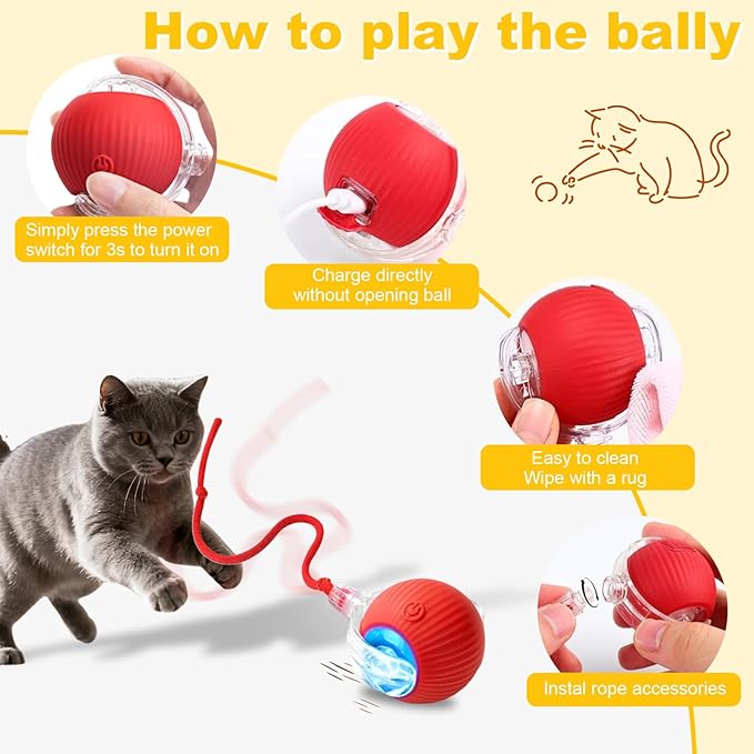 Interactive Cat Toys Ball for Indoor Cats＆Dogs,Automatic Cat Toy 360° Auto-Rotation Smart Obstacle Avoidance,Includes 4 Cat Spiral Spring,Cat Enrichment Toys for Indoor Cats (Red)