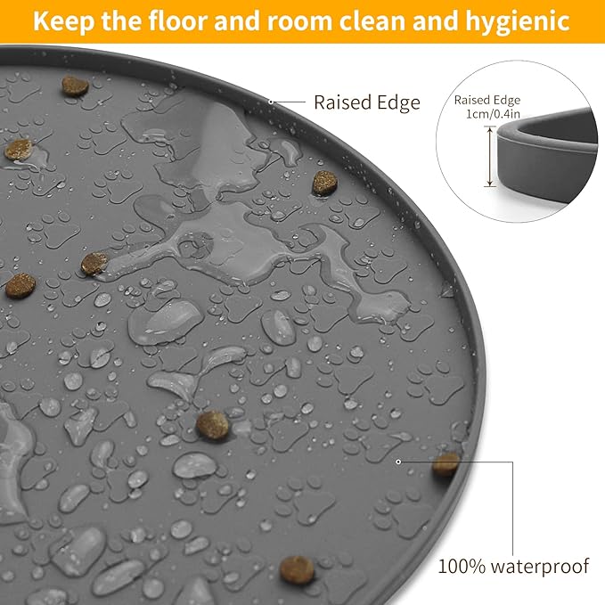 KPWACD Pet Feeding Mat for Dogs and Cats, Silicone Dog Placemat Non-Slip Waterproof Bowl Mats Prevent Food and Water Overflow, High-Lips Puppy Dish Tray Mat Suitable for Large Medium Small Pets, Grey