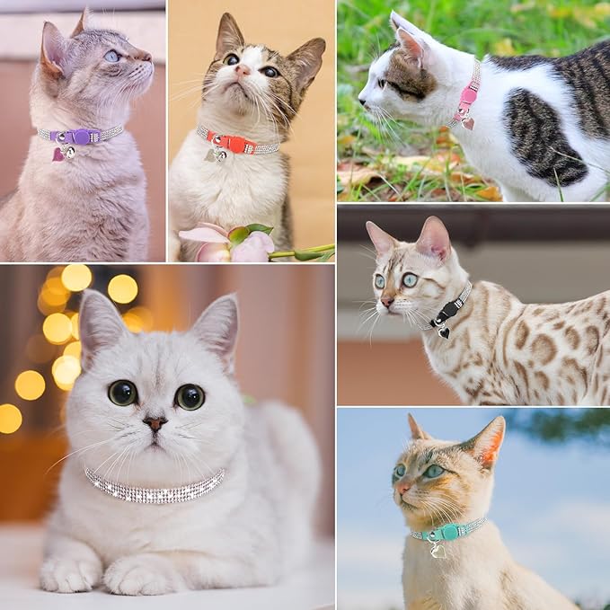 Rhinestone Cat Collar Breakaway with Bell Safety Buckle, 2 Pack Bling Diamond Kitten Collar for Gril Cats, Soft Velvet Female Cat Collars Adjustable 8-12 Inch, Pink