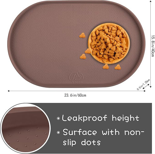 100% Waterproof 0.5" Raised Edge BPA Free Silicone Dog Food Mat, Pet Cat Feeding Mats Contain Spills Protects Floors, Placemats for Cats and Dogs Water Bowl Dishwasher. (Large/XL, Brown)