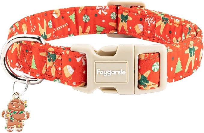 Faygarsle Christmas Dog Collar, Red Gingerbread Pattern, Plastic Buckle with Metal D-Ring, Holiday Pet Accessory, for Small Medium Large Dogs L