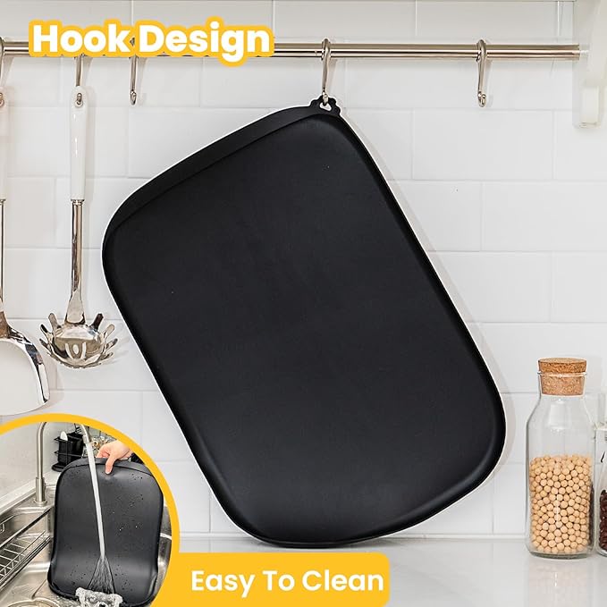 Silicone Dog Food Mat with Side Pocket & Hook Hole, Soft Raised Edges, Easy Clean Waterproof Non-Slip Pet Feeding Mat for Cats and Dogs Water Bowl, Pets Accessories(24"x16",Black)