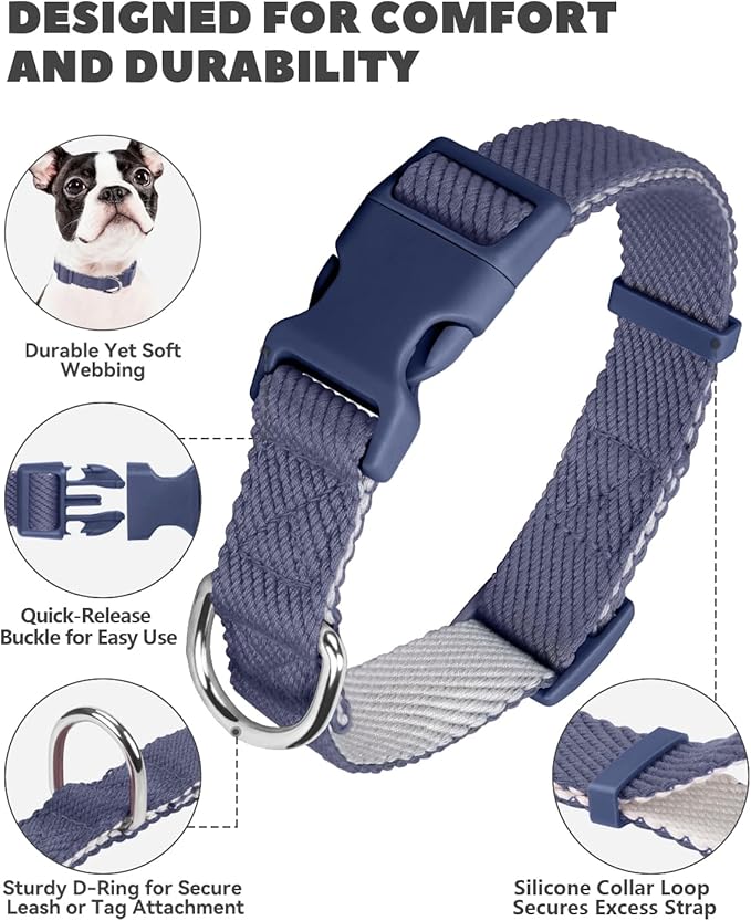 Dynmeow Soft and Breathable Cotton Dog Collar, Durable Adjustable Heavy-Duty Pet Collar with Quick-Release Buckle, Lightweight for Sensitive Skin for Large Dogs, Navy-Blue, L