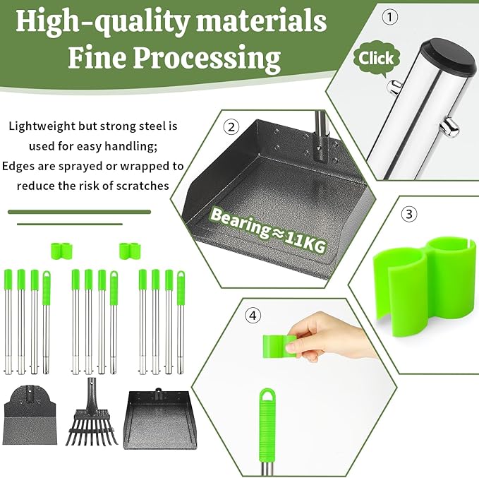 T2Y 48.8" Extra Long Handle Dog Pooper Scooper 3-Piece Set, Heavy Duty Metal Poop Rake, Tray and Spade for Large Dogs, Stainless Steel Pet Waste Remover & Garden Scoop for Yard/Grass/Dirt/Gravel